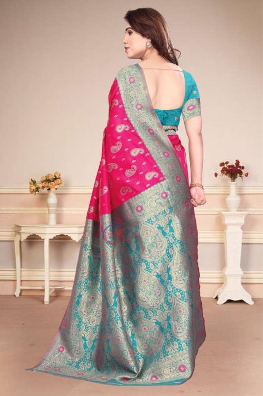 Pink & Turquoise Banarasi Silk Saree with Zari Weaving