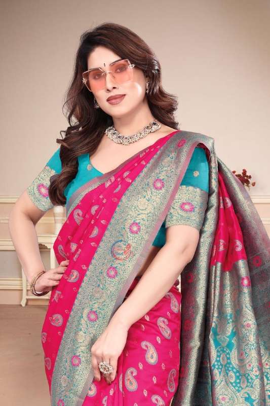 Pink & Turquoise Banarasi Silk Saree with Zari Weaving
