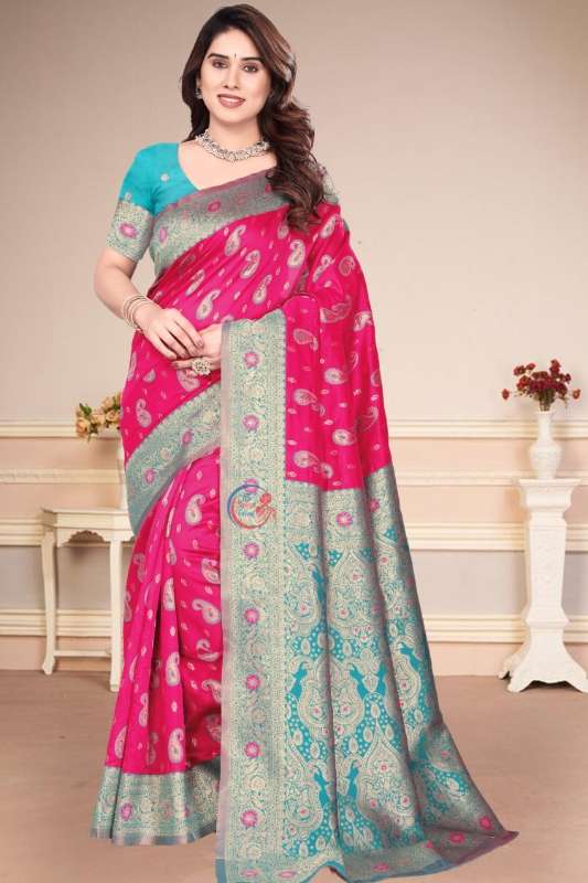 Pink & Turquoise Banarasi Silk Saree with Zari Weaving